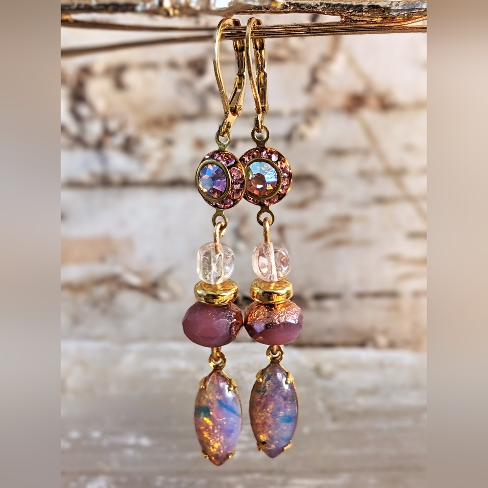 Victorian Pink AB & Opal Crysfal & Glass Artisan Handmade Gold Plated Earrings - Picture 4 of 9